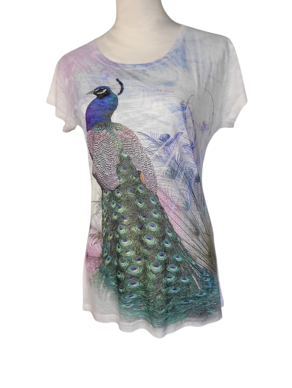 Sweet Gisele Screen Printed Sheer Green Peacock Print T-shirt Size JR XXL NWT